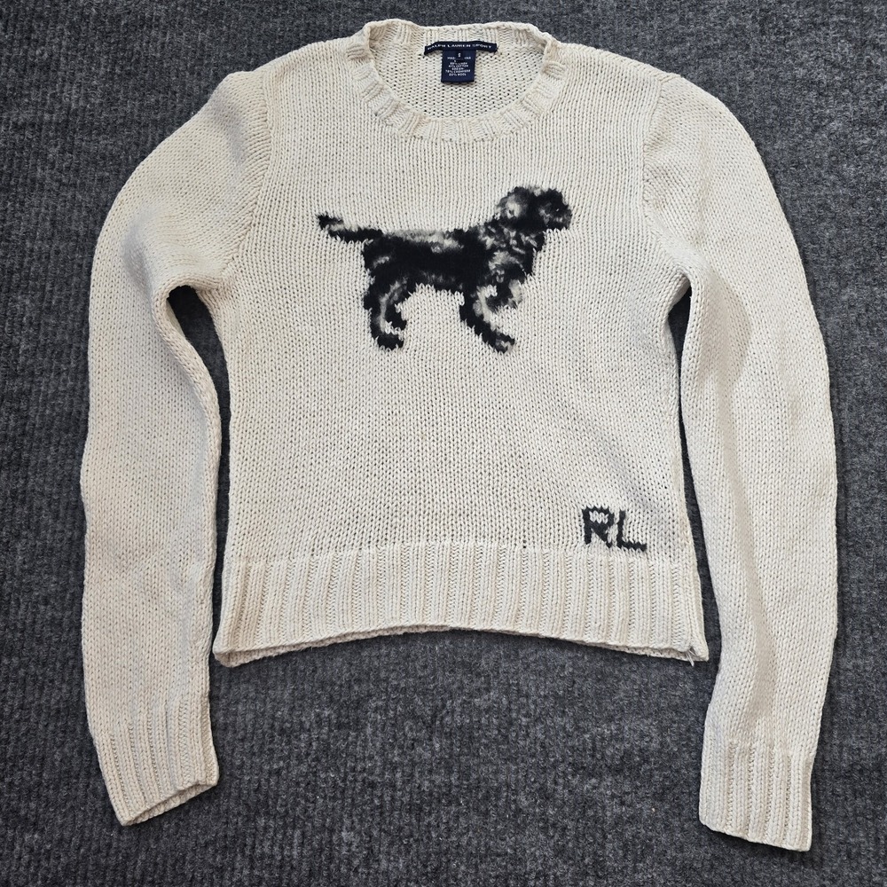 Ralph Lauren Sport Dog Sweater 2001 Knit Crewneck Cream Vintage Women's Small